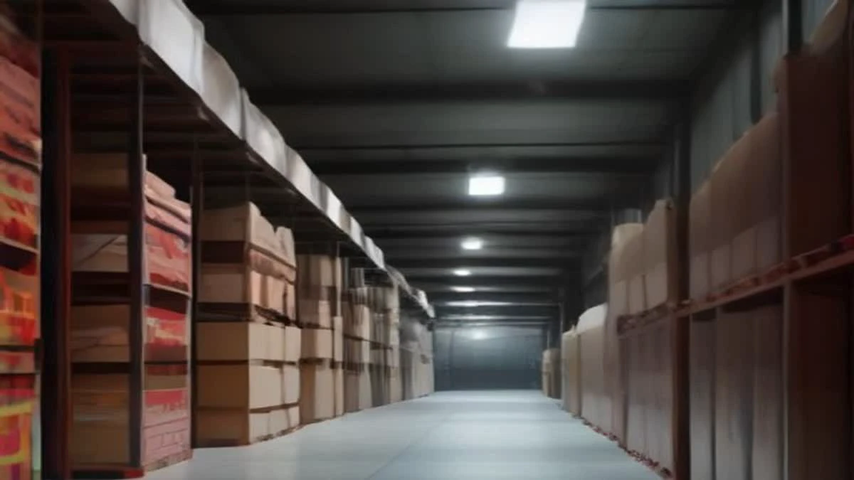 A warehouse aisle stacked with shrink-wrapped hardware boxes in cool twilight light, photographed from a slightly elevated viewpoint